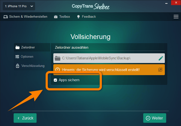 App im Backup von iPhone mitsichern
