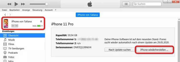 Handy zurücksetzen iPhone iTunes Weg