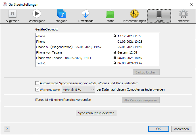 iTunes Backup Speicherort Liste