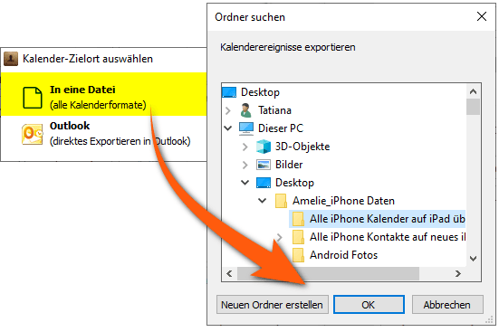 Speicherordner für iPhone Kalender 