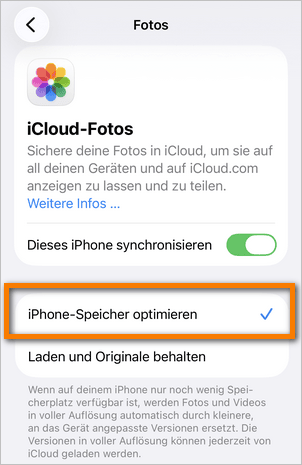 iCloud aktivieren - Speicher optiimieren