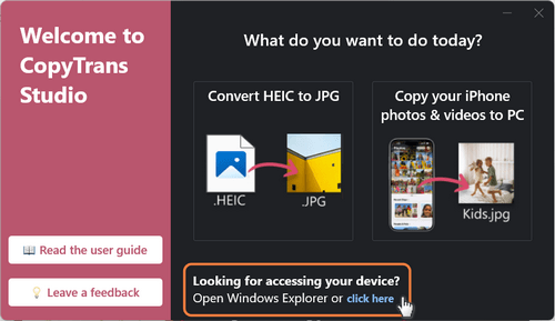 CopyTrans Studio Start-Fenster