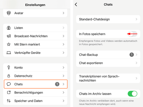 Deaktivieren Sie In Fotos speichern in den Einstellungen und WhatsApp Bilder nicht in Galerie speichern