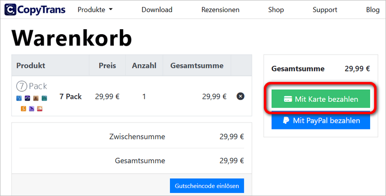 Mit Karte bezahlen auswählen