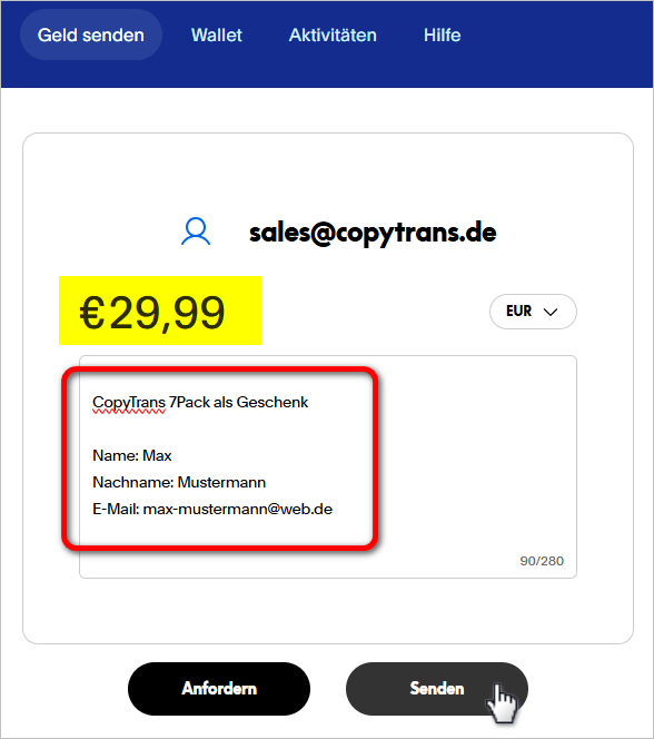 Zahlungssumme und Geschenkempfänger angeben