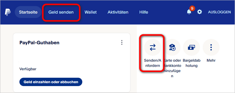 Klicken Sie in PayPal auf Geld senden