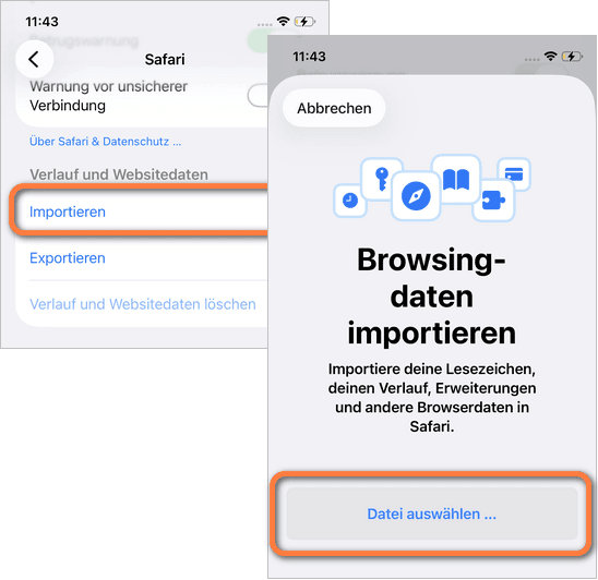 Lesezeichen auf iPhone importieren iOS 26