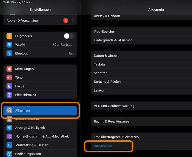 iPad ausschalten Einstellungen