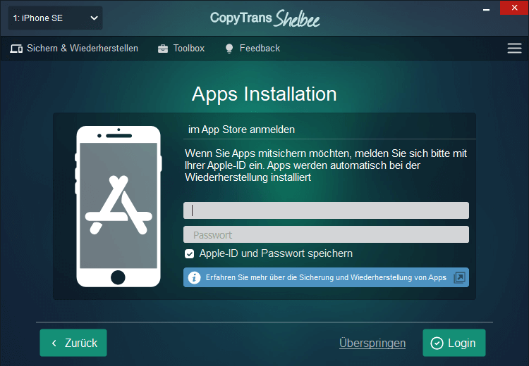 Melden Sie sich mit der Aplle-ID an, um Apps zu wiederherzustellen