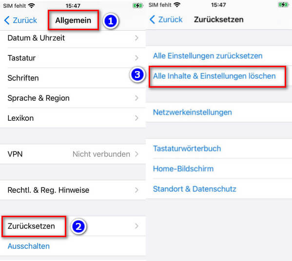 iPhone völlig lehren und Einstellungen zurücksetzen