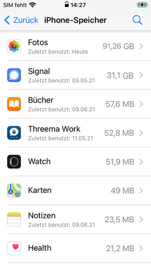 Die Größe von Apps im iPhone Speicher sehen