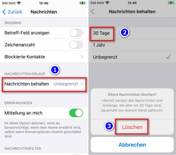 Einstellungen der Nachrichten ändern wenn iPad Speicher voll