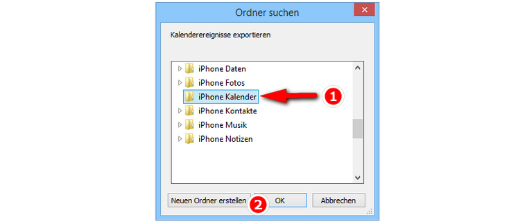 Zielordner für iPhone Kalender auswählen