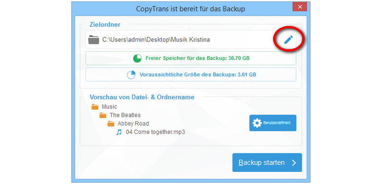 Zielspeicher für Musik am PC auswählen