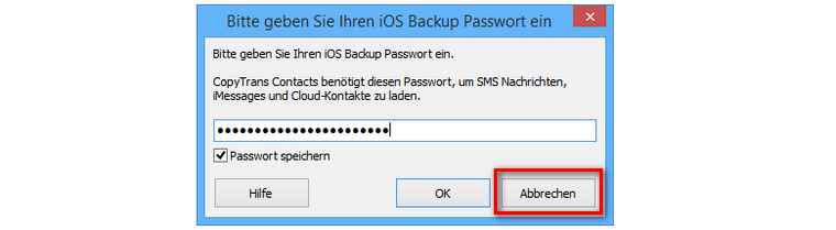iPhone Backup passwort für CopyTrans Contacts