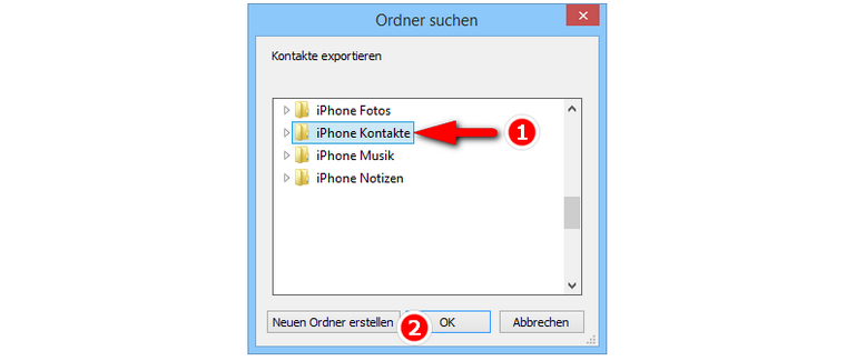 Zielordner für Kontakte auswählen