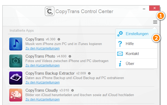 CopyTrans Control Center Einstellungen öffnen