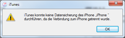 Mit iTunes 10.3.3 ist das Backup in iTunes nicht möglich mit der Fehlermeldung