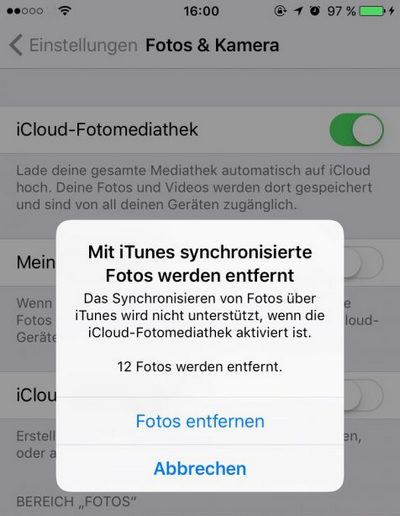 iCloud reaktivieren. Alle mit iTunes synchronisierte Fotos werden entfernt