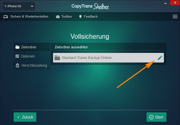 iPhone Backup Zielordner wählen