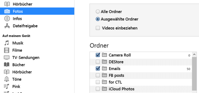 Fotos mit iTunes einzeln hinzufügen geht nicht