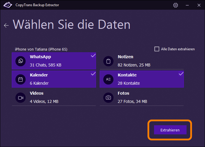 die aus dem Backup zu extrahierende Dateien auswählen