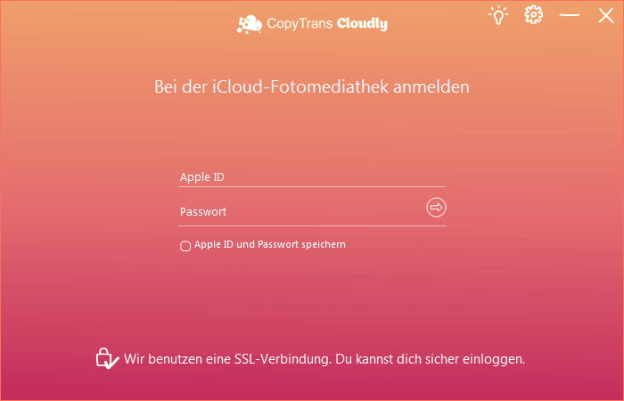 Anmeldebildschirm in CopyTrans Cloudly