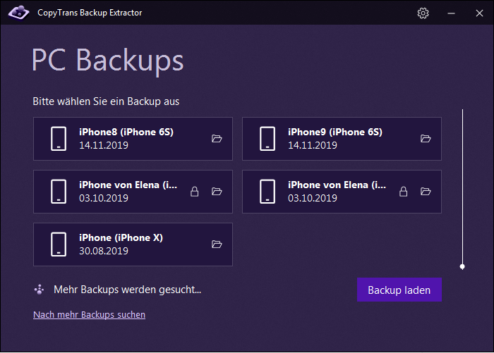 Backups Liste in CopyTrans Backup Extractor