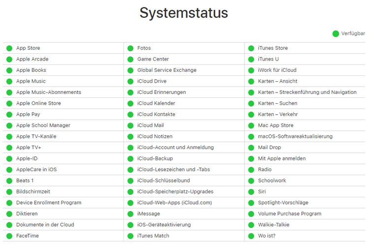 Apple Update Probleme auf Apple-Systemstatus-Webseite prüfen