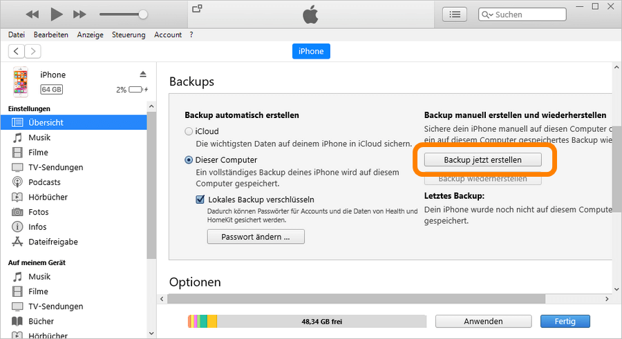 Datenübertragung iPhone: Backup auf PC erstellen