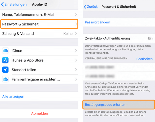 den Bestätigungscode auf dem iPhone abrufen