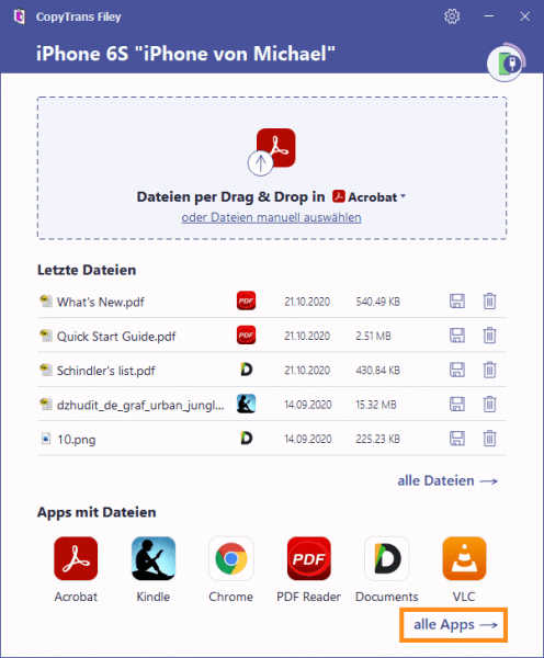 Dateien von PC auf iPad: Liste von allen Apps in CopyTrans Filey