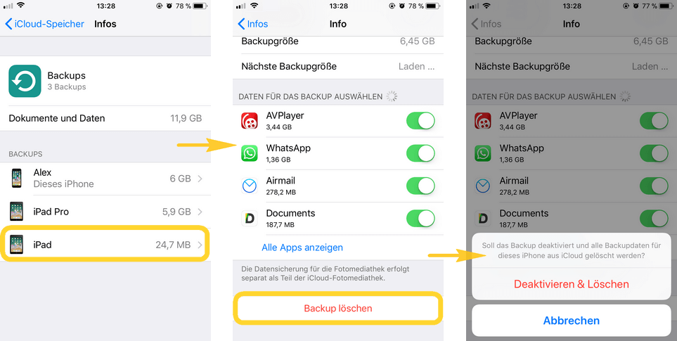 Backup iCloud löschen in iPhone Einstellungen