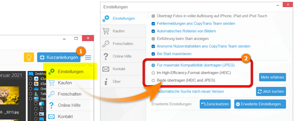 CopyTrans Photo Einstellungen ändern