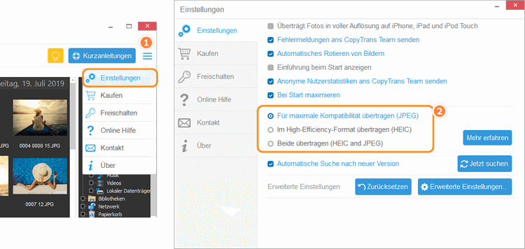 Fotos werden nicht angezeigt: CopyTrans Photo Einstellungen