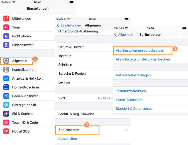 iPhone Internal Storage leer: iPhone Einstellungen zurücksetzen