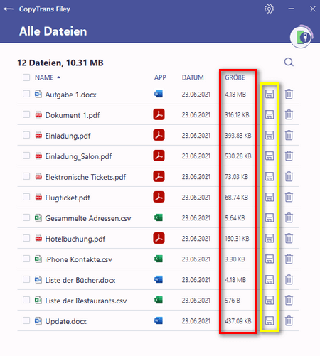 Die Größe der Dateien am PC sehen und sie auf PC übertragen