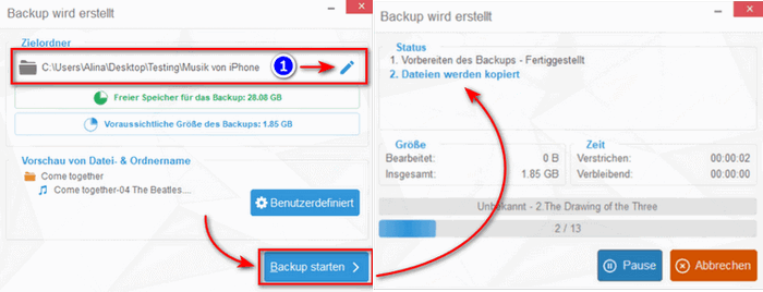 Zuerts einen Ordner wählen und dann ein Backup erstellen