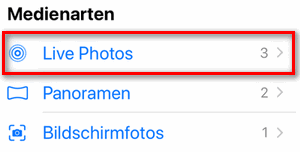 Live Fotos iPhone sind im separaten Fotoordner 