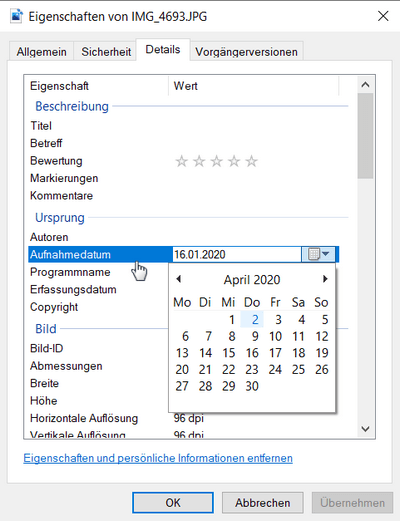 Aufnahmedatum ändern