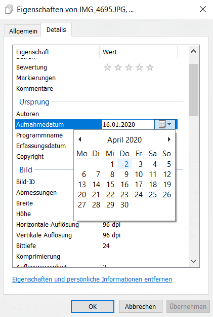 Bilder Datum ändern