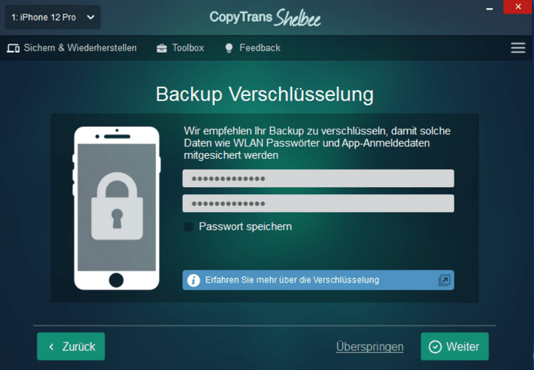 Geben Sie das Backup-Passwort in CopyTrans Shelbee ein