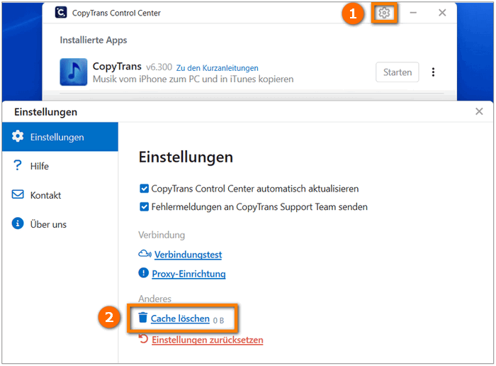 CopyTrans Control Center Einstellungen öffnen und Cache löschen