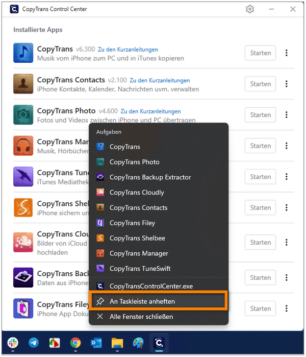 CopyTrans Control Center an die Taskleiste anheften