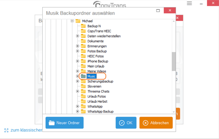 Musik von iPad auf iPhone: Ordner am PC auswählen