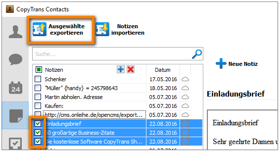 Exchange-Notizen mit CopyTrans Contact exportieren