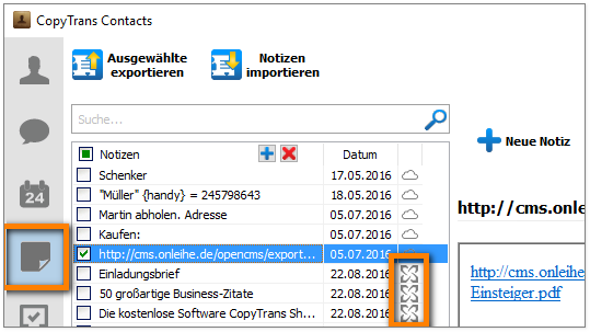 Exchange-Notizen mit CopyTrans Contacts sichern