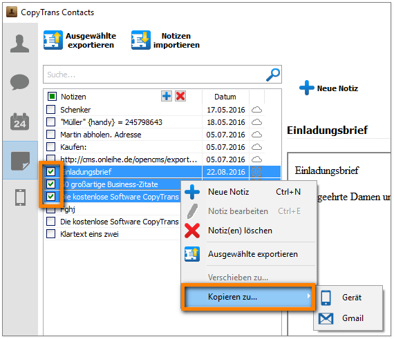 Exchange-Notizen in ein anderes Service kopieren