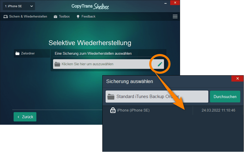 Backup auswählen, das Sie mit CopyTrans Shelbee wiederherstellen möchten