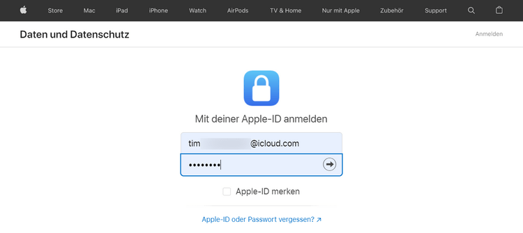 Mit Apple-ID auf Daten- und Datenschutzseite von Apple anmelden